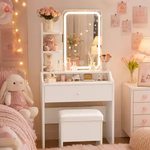 LIKIMIO Small White Makeup Vanity Desk Set - Indoor Furniture with Lighted Mirror, Storage Drawer, Chair, 3 Shelves for Bedroom