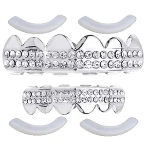 Iced Grillz Top & Bottom Silver Plated Two Row Lab Dimond Fashion Teeth - 4 Silicone