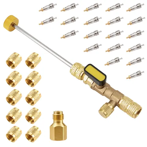 GJANSH AC Valve Core Remover Installer Tool with Dual Size SAE 1/4 & 5/16 Port, 20 PCS Valve Cores with Teflon Seal and 10 PCS Brass Nuts, Compatible with R22 R12 R407 R410 R404 R32 R600 A/C