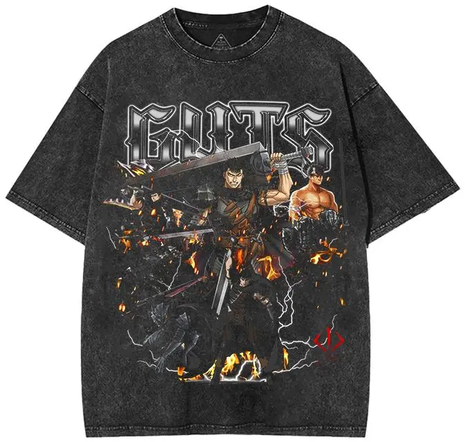 Retro Vintage Guts Black Swordsman Anime Double Printed Washed Tee Anime Lover subtle anime merch 90s graphic tees men gifts Y2K Berserk Merch