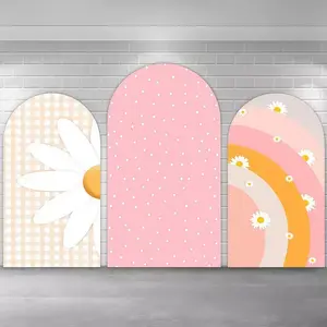 Daisy Gingham Polka Dot Rainbow Chiara Arch Covers Stretchy Backdrop – Pink & Orange Design, Perfect for Girls’ Birthday & Boho Baby Shower Photo Backdrop