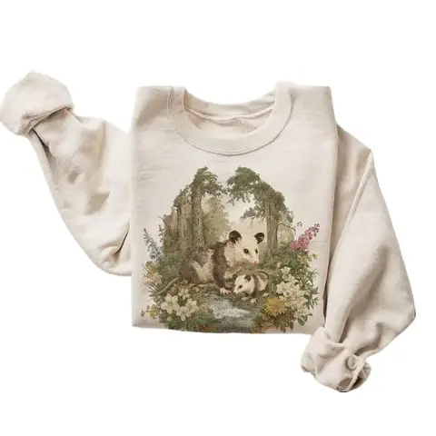 Vintage Floral Opossum Sweatshirt, Unisex Boho Casual Long Sleeve Pullover with 90s Woodland Creature Graphic