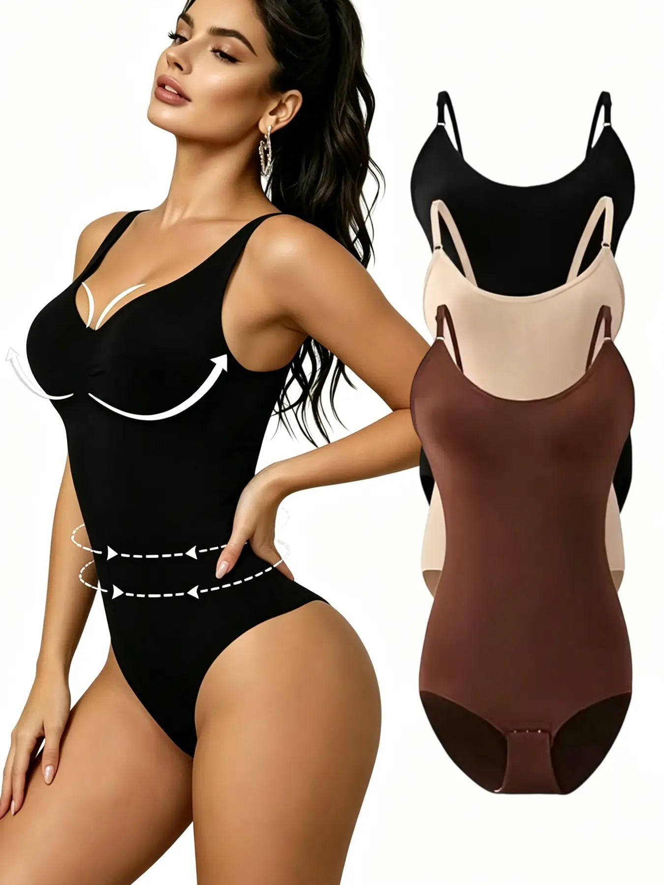 Women’s Seamless Bodysuit 3-Pack in Black, Nude & Coffee – Shapewear Jumpsuit Designed for Curve-Hugging Support, Densely Woven Waist Trimming, Tummy Smoothing Fit, Perfect for Everyday Shaping & Intimate Wear