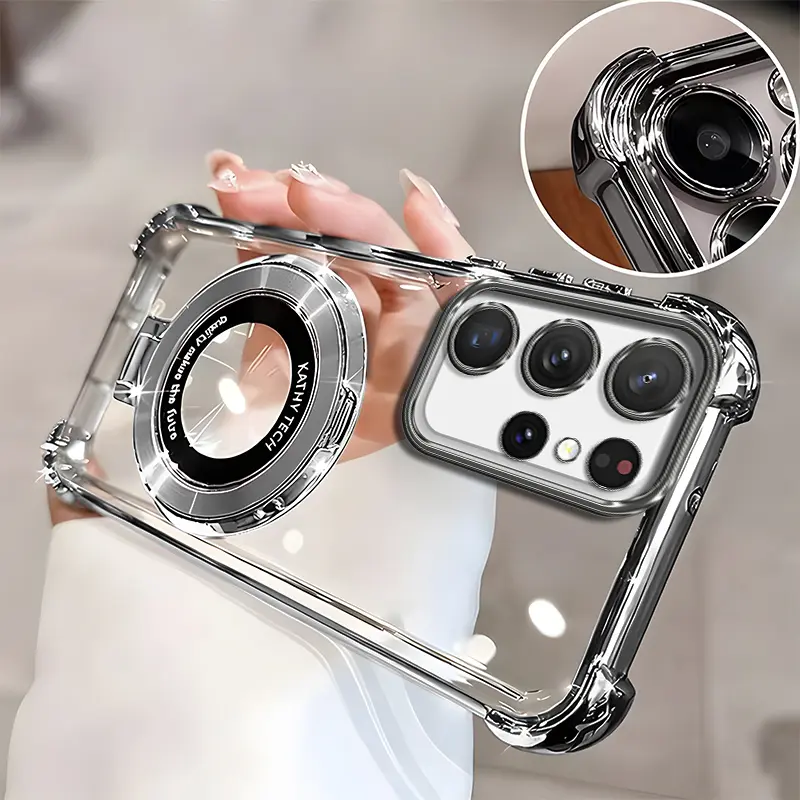 Suitable for [Galaxy S23 Ultra] high-end phone case🥰, Electroplated Luxury Clear Phone Case with Ring Stand Holder 4-Corner Shockproof Camera Protective Cover 952