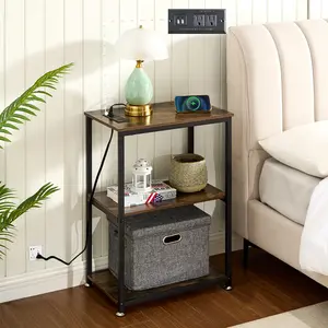 VECELO End Table Nightstand With Charging Station, Narrow Side Table With Usb Ports And Power Sockets, Rustic Brown