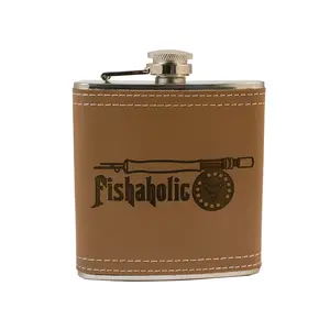 6oz Fishaholic Fly Fishing Leather Flask L1 KLB