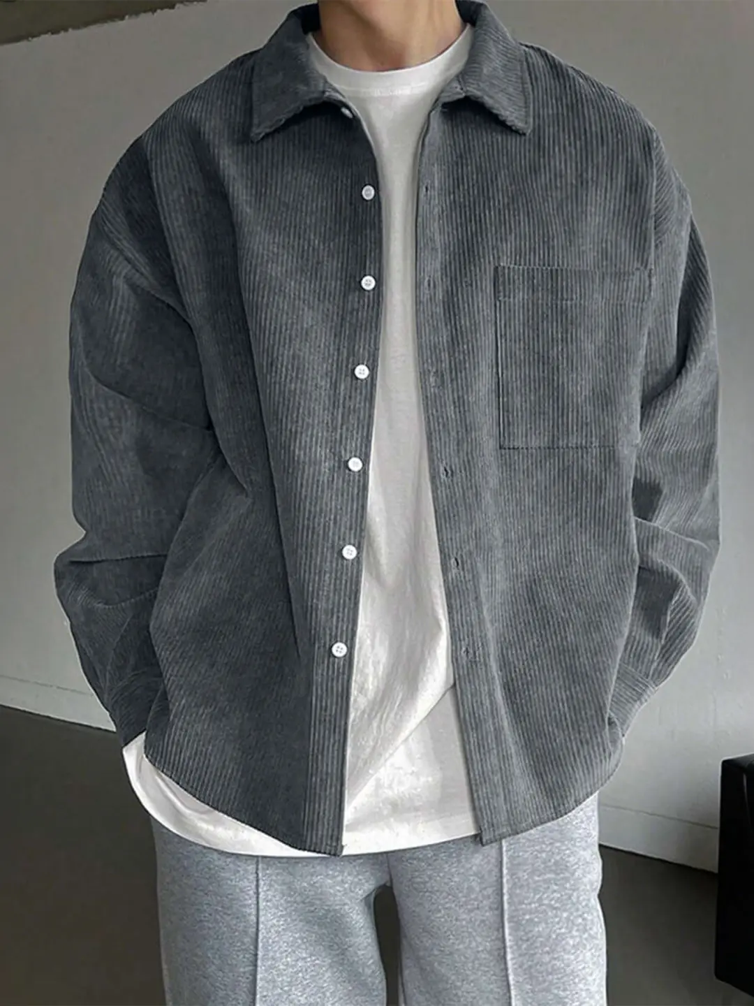 Men's Corduroy Shirt in Light Gray, Comfy Casual Plain Long-Sleeve Button-Down Top with a Relaxed Fit, Cuffed, Clean Men's Casual Shirts, Contemporary Style Men's Casual Shirts