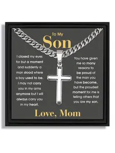 1 piece silver cross pendant Cuban link chain necklace for Valentine's Day birthday Christmas gift suitable for mom to son with blessing card and box