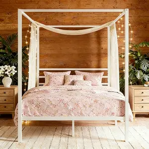 4 Post Metal Canopy Bed Frame by Allewie, White Elegant Design for Bedroom, Strong Slat Mattress Foundation, Quiet & Stable, Quick Assembly, No Box Spring Required, Ideal for Home & Holiday Decor