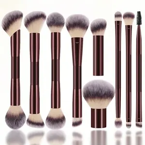 9PCS Women Facial Makeup Brushes & Tool Set Complete Cosmetic Kit with Massage Roller Double End Brow Applicator Powder Finger Foundation Contour Concealer Highlighter Brushes Eyelash Curler Multipurpose Daily Beauty Accessories for Makeup Application, Ma