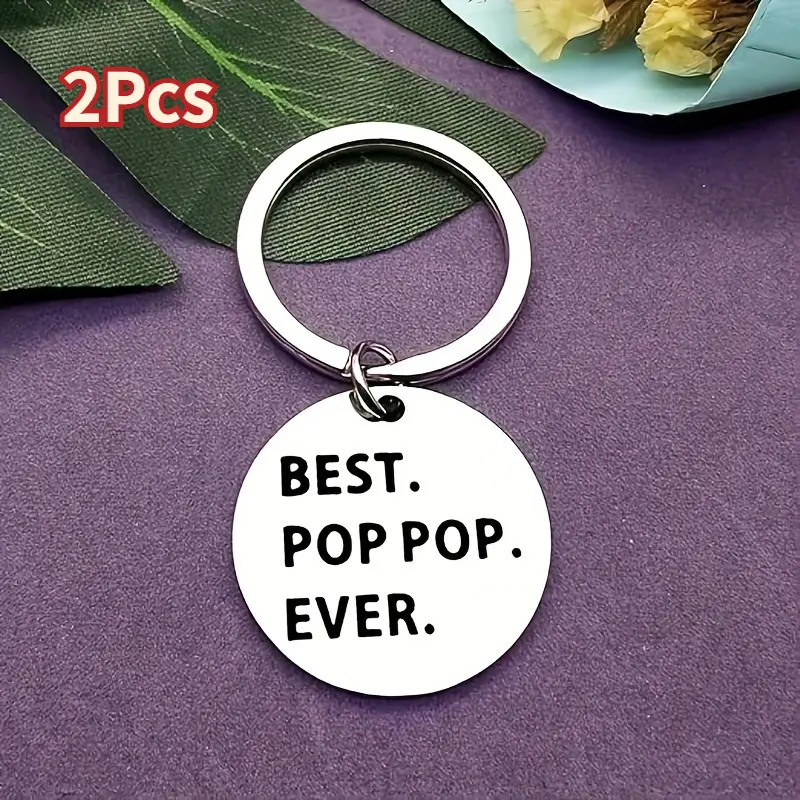 2pcs Personalized Key Chains - Custom Solid Silver Simple Key Ring, Name Engraved Stainless Steel Statement Slogan Keychains with "Best Pop Pop Ever" Lettering, Durable Corrosion-Resistant Men's Fashion Accessory, Thoughtful Gift