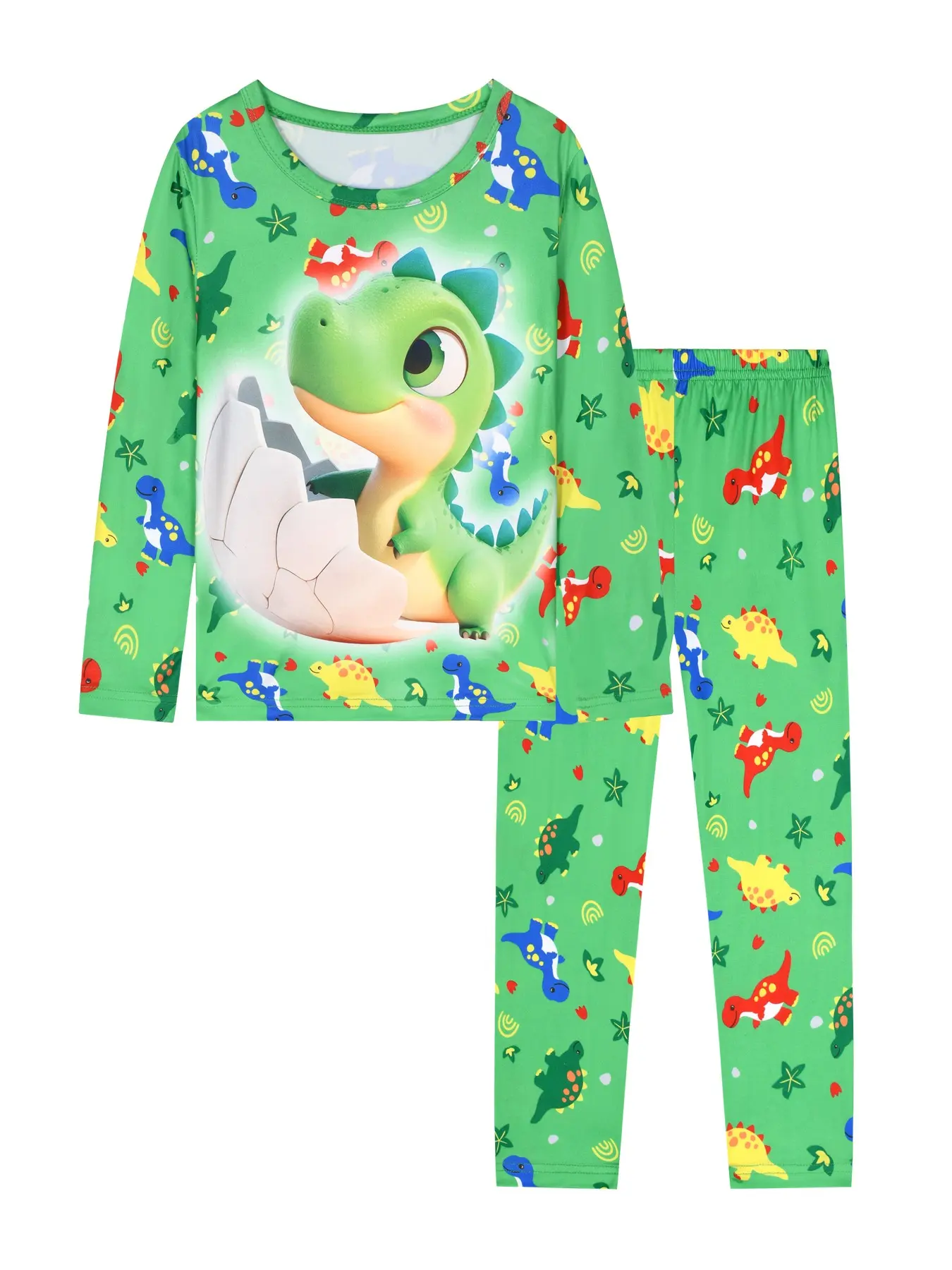 Boys' Cartoon Fun Dinosaur Print Sleepwear Set, Spring & Fall Fitted Long Sleeve Cartoon Pattern Pajamas, Casual Home Wear, 2-Piece