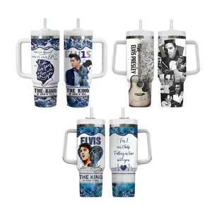 Retro Elvis Presley 40oz Tumbler With Handle, Rock And Roll Tumbler, Hot Cold Drink Cup, Tumbler Gift, Gift For Fan