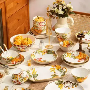 17/31/44 ceramic cutlery set, pumpkin fruit and vegetables floral pattern, including bowls, plates, spoons, saucers and chopsticks, suitable for restaurants, hotels, kitchens, holiday parties, picnic outings, New Years, Halloween, Easter gifts