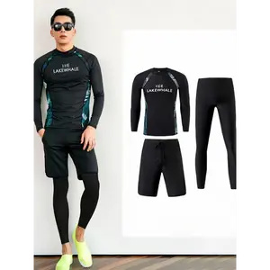 Men'S 3pcs Long Sleeve Swimwear Set, Tropical Pattern, High Stretch Knit Fabric, Crew Neck, Pocket Detail, Skinny Fit, Polyester 86%, Elastane 14%, for Beach, Surfing, Diving - 210g/m²