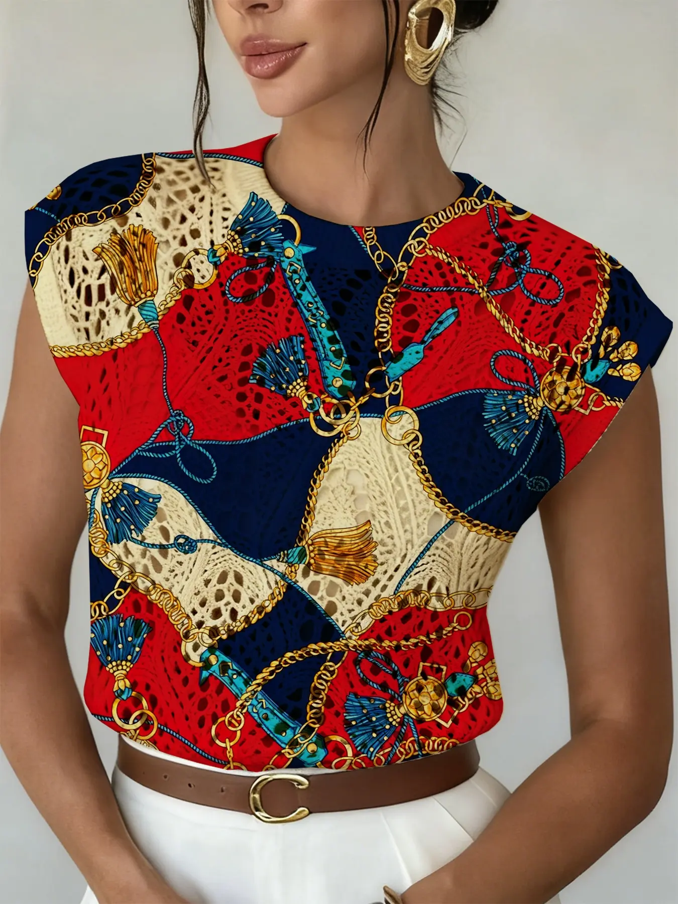 Elegant Women's Ethnic Block Print Round Neck Sweater, Womenswear Spring Summer Casual Sleeveless Knitwear, Breathable Daily Wear Top, Casual Sleeveless Vest