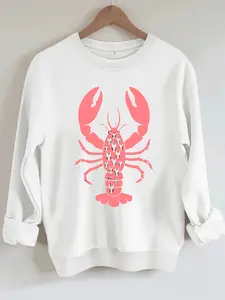 Women's Casual Lobster Pattern Pullover Sweatshirt Print, Soft Long Sleeve Round Neck, All-Season Comfort, Durable Fabric