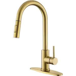 Gold kitchen faucet with pull down sprayer gold kitchen sink faucet for 1 or 3 hole modern stainless steel sink faucet with deck plate for farmhouse laundry rv brushed gold