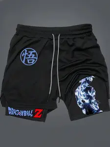 Men's Print Drawstring Waist 2 in 1, Regular Fit, Breathable, Quick Drying, Pocket Shorts, Gym Shorts, Summer Sports Bottoms, Streetwear Sports Shorts