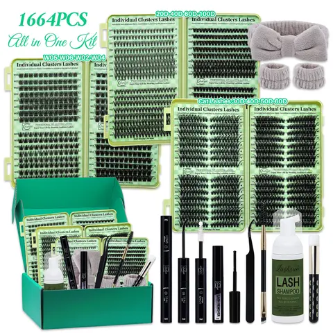 1664-Piece Lash Clusters Kit, False Eyelash Clusters D-Curl 12-Style Cat-Eye and Volume Lashes Book with Bond & Seal, Lash Cluster Glue, Remover Brush, Applicator and Tweezers, DIY at Home and Daily Makeup for Beginners and Pros, Fake Lashes Kit