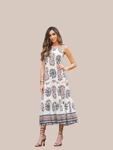 1653 VESTIDO COLOMBIANO DELUXE Boho Sleeveless Tribal Print Summer Blusa with Delicate Details & High-End Fabrics