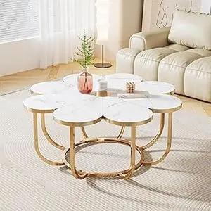 Tribesigns White and Gold Coffee Table, Modern Flower-Shaped Coffee Table with Faux Marble Tabletop, 39.37-Inch Floral Accent Center Table with Metal Frame for Living Room, Bedroom, Lounge