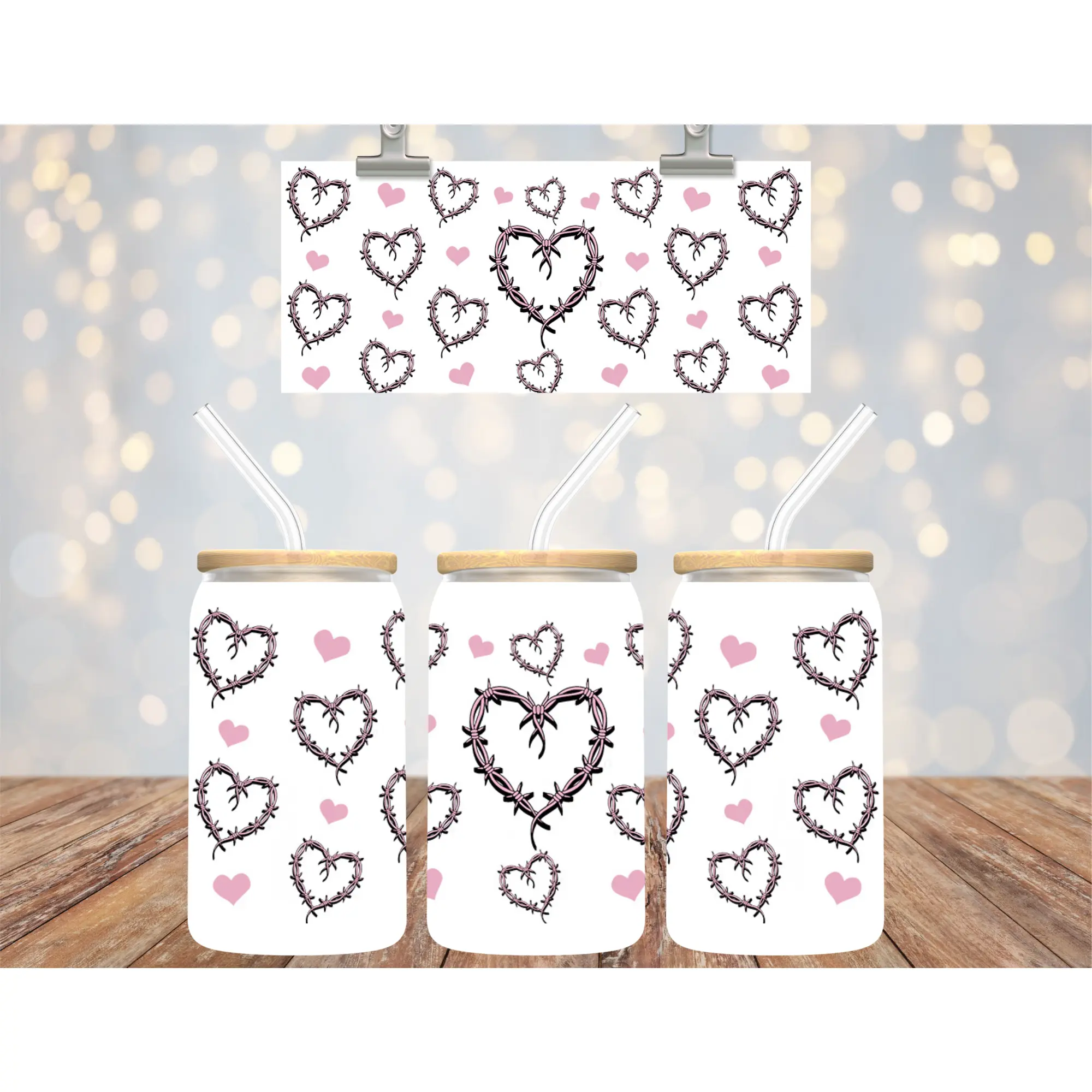 Uv Dtf Cup Wrap Pink barbed hearts 568