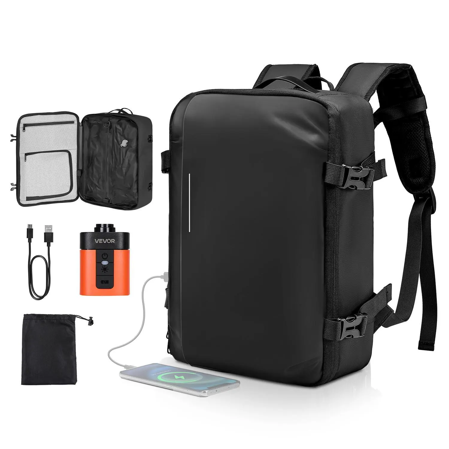 【SummerFinds】VEVOR 35L High-Capacity Vacuum Travel Backpack with Rechargeable Pump, USB Port, Buckle, Multiple Pockets, Compartments, Water-Resistant, Anti-Theft, Reflective Strips for Visibility, Camping Carry-On Luggage & Casual Personal Item Bag, Black