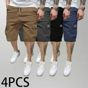 Men’s four-piece cargo shorts set — durable tear-resistant fabric, multifunctional pockets, suitable for gym workouts, hiking, and jobsite work — a summer standout for comfort and breathability with a casual style, featuring well-fitting men’s bottoms wit