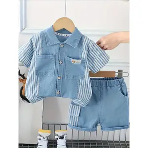 NewBoys' Casual Fashion 2pcs Set, New Summer Style Boys' Short-Sleeve Denim Outfit with Vertical Pockets and Bear Head Design, Perfect for Outdoor(Gift)11