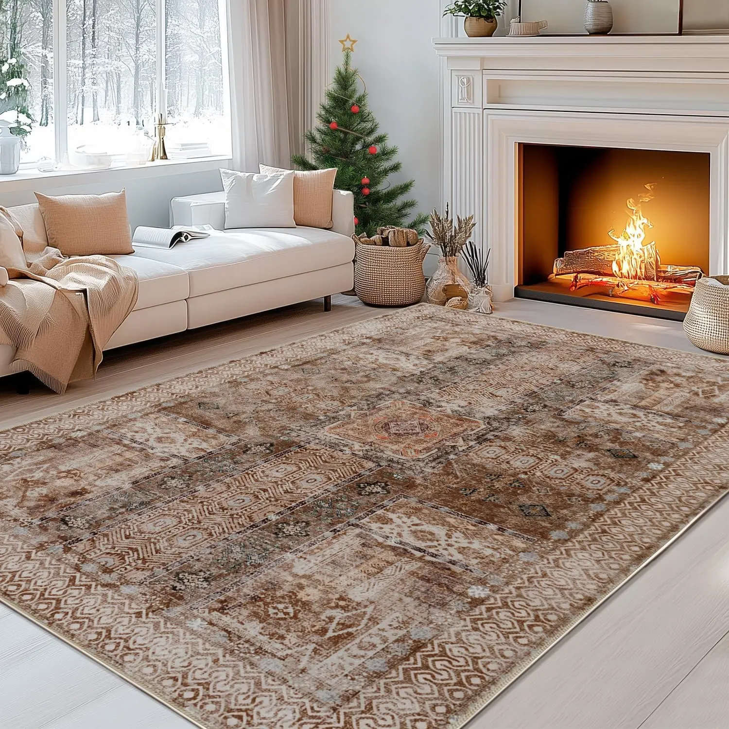Boho Chic Washable Rug Modern Vintage Print Area Rug for Living Room & Bedroom. Ultra Soft, Non-Slip & Elegant Home Decor Floor Mat. Machine Abstract Rugs