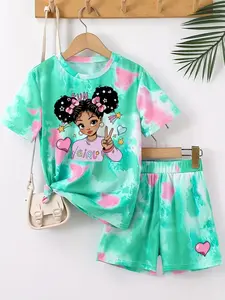 Young Girl 2-Piece Set Short Sleeve T-Shirt and Shorts, Casual Fitted All-Over Print, Perfect for Daily Wear, Summer