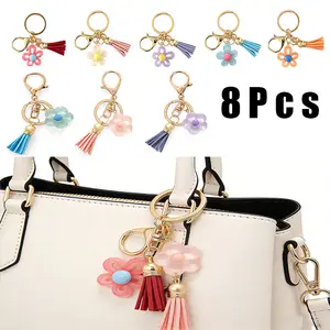 8 PCS Cute Flower Keychains for Women Girls, Colorful Daisy Tassel Charm Key Rings, Aesthetic Resin Keychain Purse Bag Backpack Car Key Pendant Accessories