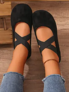 Spring & Fall New Fashion Women's Single Shoe, All-Season Comfortable Breathable Cross Strap Slip-On Flat Shoes, Round Toe Low Top Walking Shoes