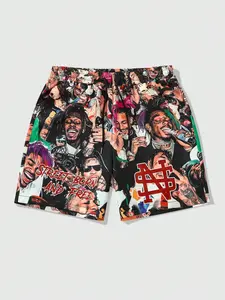 Unisex Street Style Shorts, Casual Athleisure Shorts, Full Print Portrait Design, High-Waisted Drawstring Five-Quarter Pants, Breathable Quick-Dry Casual Wear, Casual Athletic Shorts