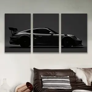 3 Pieces Wooden Frame Canvas Wall Art Black Sports Car in Dark Monochrome Triptych Modern Car Art Gift for Birthday Festival Party Car Decoration Easy to Hang UV Resistant Premium Canvas Artistic Room Ornaments