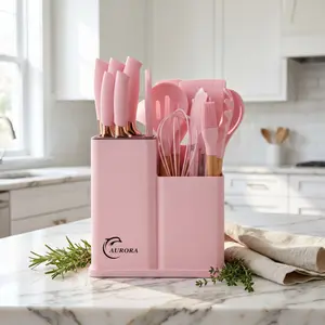 XBJ 19PC Wood Handle Kitchen Utensils Set - Nonstick-Compatible Silicone Cooking Tools, Heat-Resistant Turner, Spoon, Wooden Ladles for Nonstick Pots, Complete Cutlery Set - Gift for Her