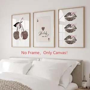 3 Pieces Cherry Bow Art Print Card Lip Print Canvas Poster Fashion Leopard Wall Art Printing Wall Art Decoration Living Room Bedroom Hanging Picture No Frame