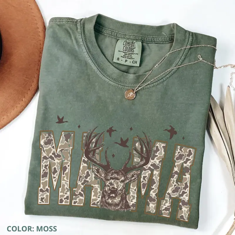 Comfort Colors Camo Mama Shirt, Deer Hunting Camouflage Shirt, Retro Camo Western Shirt, Cozy Season Country Distressed, Trendy Gift For Women