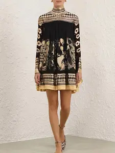 Elegant Women's A-Line Long Sleeve Printed High Neck Fitted Mini Dress, Boho Bohemian Dress, Womenswear, Stylish Chic Casual Boho Style Fashion, Perfect for Spring and Fall