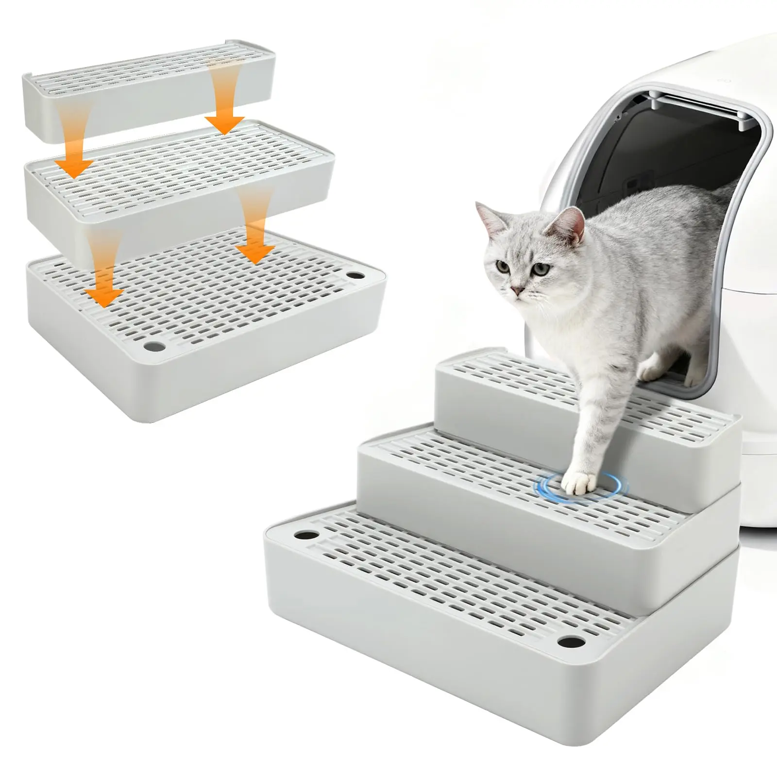 Grey Adjustable 3-Step Cat Stair Ramp for Litter Box, Detachable Non-Slip Pedal Step Stool with Filter Function & Triple-Layer Litter Trapper, Ideal for Small & Elderly Cats