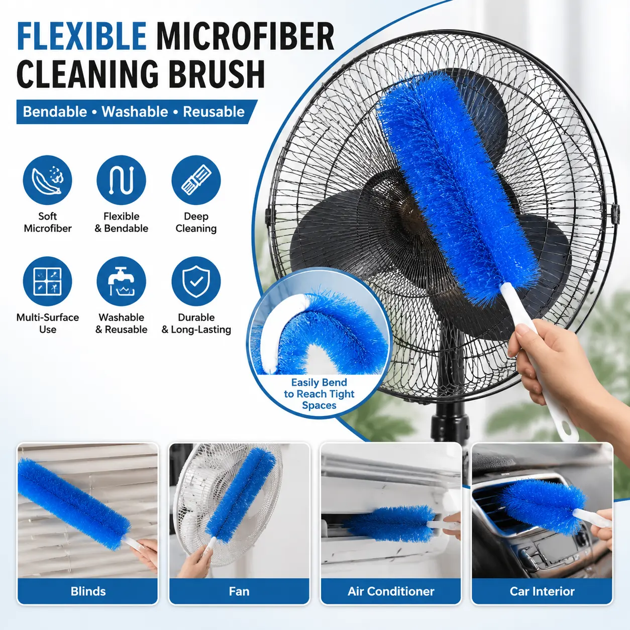 Fan cleaning brush, dust removal brush, cleaning brush, bendable microfiber head, reusable dust collector, washable, suitable for ceiling fan blades