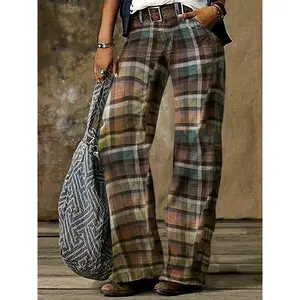 Plaid Print Wide Leg Pants, Vintage Pants for Spring & Fall, Women's Clothing