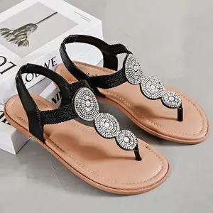 Luoika Women's Wide Width Flat Sandals, Flip Flop Thong Sandals Strappy Rhinestone Comfortable Summer Beach Shoes for Women.