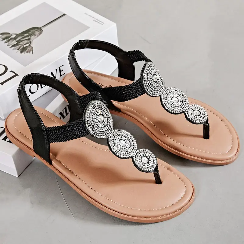 Luoika Women's Wide Width Flat Sandals, Flip Flop Thong Sandals Strappy Rhinestone Comfortable Summer Beach Shoes for Women.