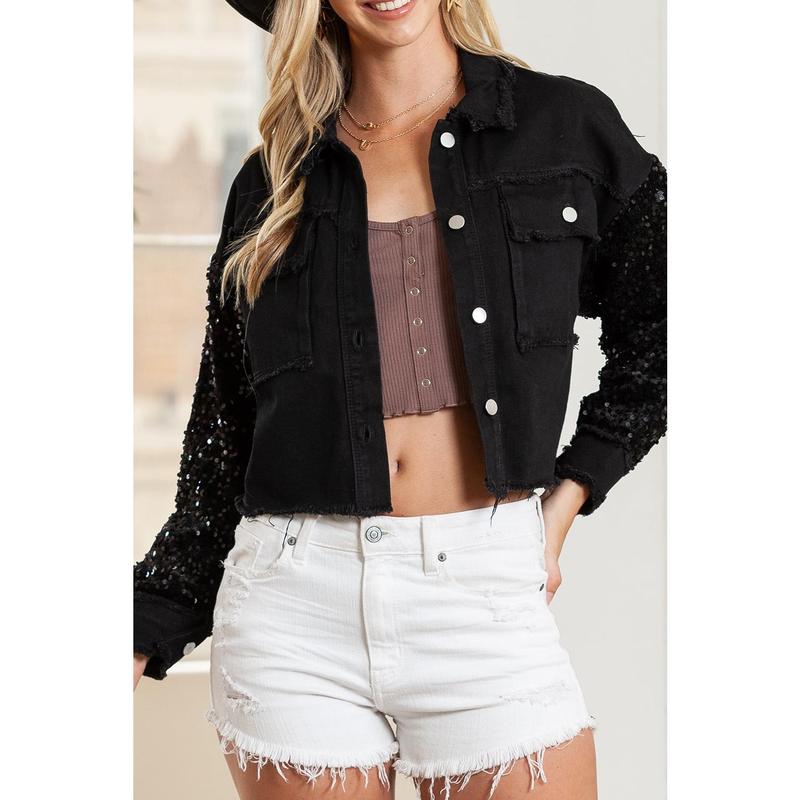 Black Sequin Sleeve Pocketed Raw Hem Denim Jacket
