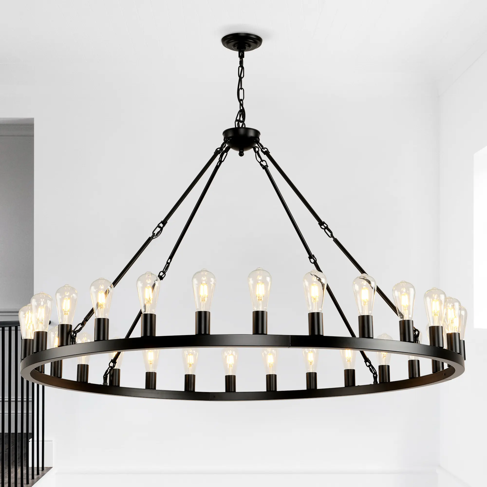 28-Light Wagon Wheel Farmhouse Matte Black Chandelier Light Fixture, Adjustable Hanging Ceiling Light for Dining Room Kitchen