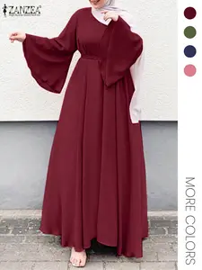 Women's Plain Belted Flounce Sleeve Kaftan Dress, Casual Long Sleeve Round Neck Maxi Dress for Daily Wear, Ladies Islamic Clothes for All Seasons, Muslim Women Gowns, Modesty