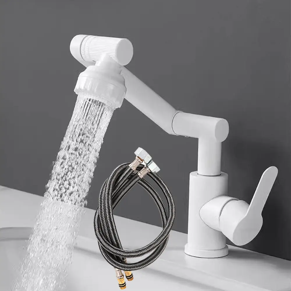 108° Rotating Bathroom Sink Faucet, Adjustable Height Single Handle, Dual Outlet with Two Hoses, Wall-Mounted Design, Bathroom Faucets