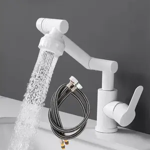 108° Rotating Bathroom Sink Faucet, Adjustable Height Single Handle, Dual Outlet with Two Hoses, Wall-Mounted Design